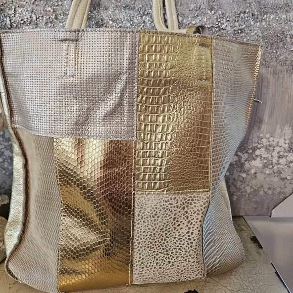 PERSAMON MADE IN ITALY MIXED MEDIA GOLD LEATHER TOTE - Picture 2 of 8